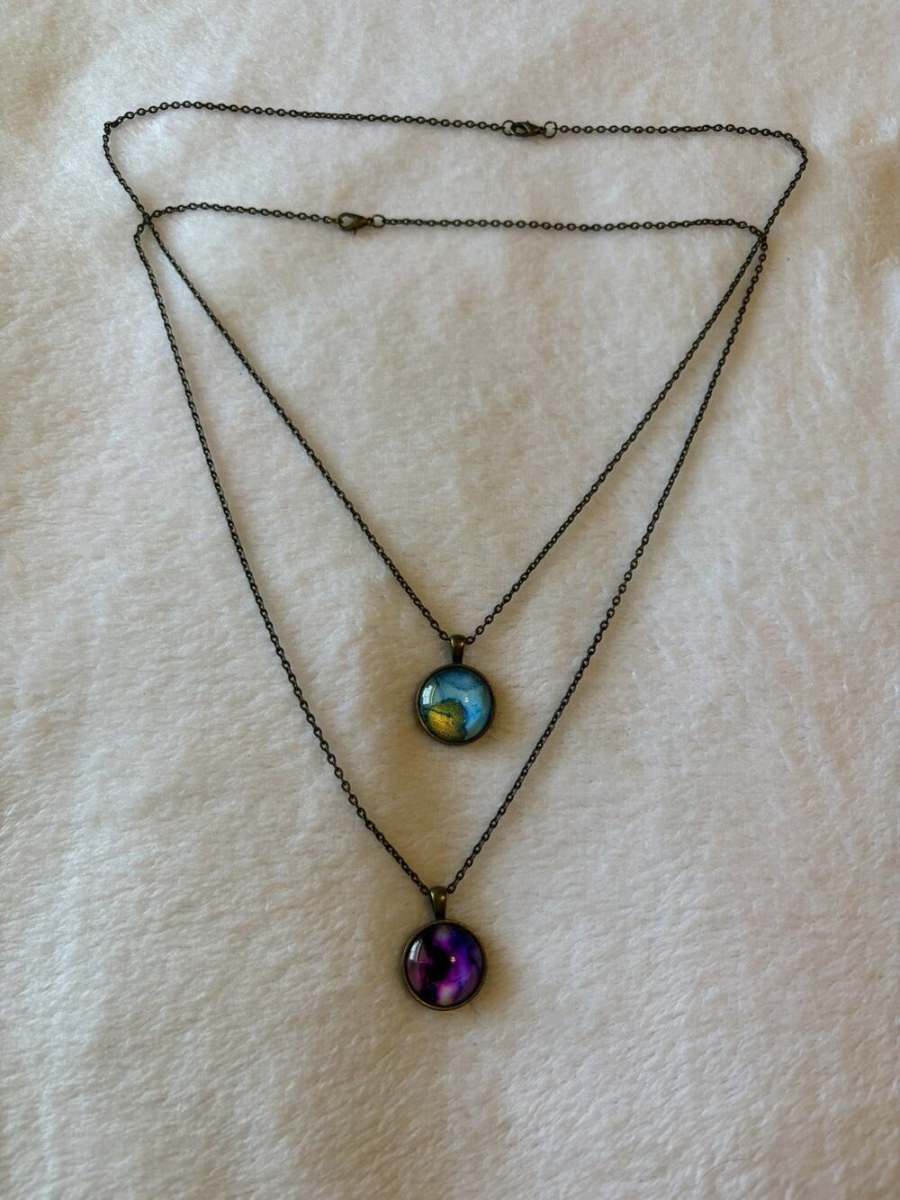 Boho Resin Cabochon Pendant Necklaces Set Blue Purple Bronze Lot